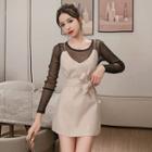 Set: Long-sleeve Glitter Mesh Top + Tie-front Camisole Top