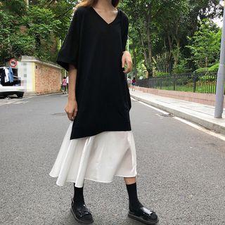 Mock Two-piece Elbow-sleeve Two-tone Midi Dress As Shown In Figure - One Size