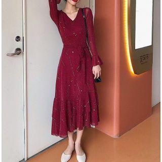 Bell-sleeve Glitter Maxi A-line Dress