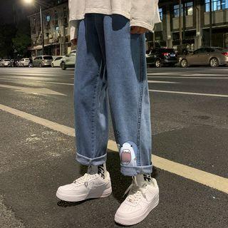 Cartoon Shark Print Straight Leg Jeans