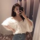 Short-sleeve Mesh V-neck Top Beige Almond - One Size