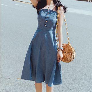 Spaghetti Strap Striped Denim A-line Midi Dress