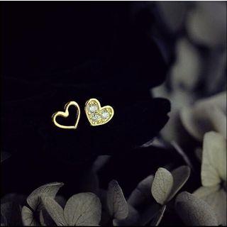 925 Sterling Silver Non-matching Rhinestone Heart Earring 925 Sterling Silver - With Silicone Earring Backs - 1 Pair - One Size