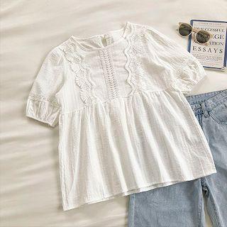 Plain Crewneck Lace-up Puff-sleeve Top White - One Size