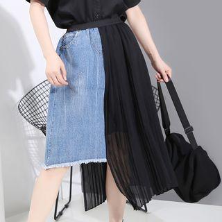 Accordion Pleated Chiffon Panel Denim Midi A-line Skirt Black - One Size