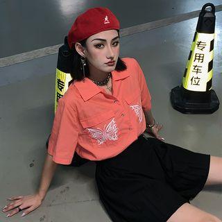 Butterfly Print Short-sleeve Shirt Tangerine - One Size