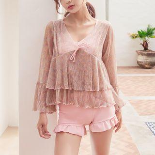 Set: Drawstring Bikini Top + Frill Trim Swim Shorts + Long-sleeve Cover-up Top
