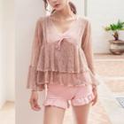 Set: Drawstring Bikini Top + Frill Trim Swim Shorts + Long-sleeve Cover-up Top