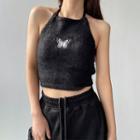 Halter-neck Butterfly Embroidered Knit Crop Top