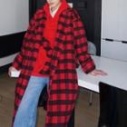 Gingham Lapel Oversize Woolen Coat