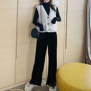 Button-up Sweater Vest / Mock-neck Top / Velvet Straight Leg Pants