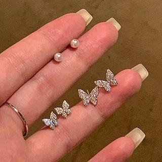 3 Pair Set: Butterfly / Rhinestone / Faux Pearl Earring Set Of 3 Pairs - Silver Stud - Silver - One Size