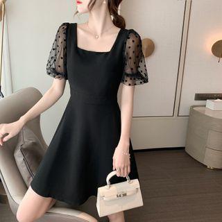 Mesh Sleeve Square-neck Mini A-line Dress