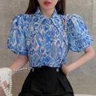 Puff-sleeve Collar Blouse / High Waist Loose Fit Pants With Suspender