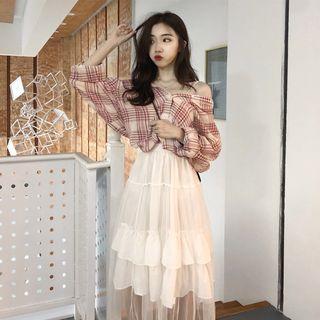Convertible Plaid Shirt / Layered Mesh A-line Skirt