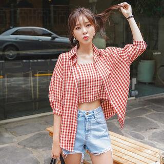 Set: Elbow-sleeve Gingham Shirt + Cropped Camisole Top