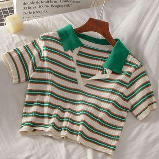 Short-sleeve Lapel Striped Cropped T-shirt Green - One Size