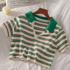 Short-sleeve Lapel Striped Cropped T-shirt Green - One Size