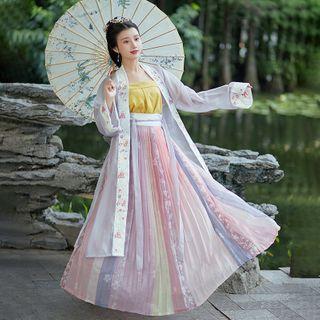 Set Of 3: Floral Embroidered Hanfu Long Light Jacket + Camisole + Pleated Maxi Skirt