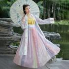 Set Of 3: Floral Embroidered Hanfu Long Light Jacket + Camisole + Pleated Maxi Skirt