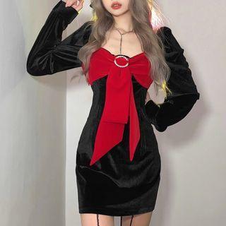 Long-sleeve Rhinestone Bow Mini Sheath Dress