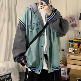 Mock Two-piece Lettering Print Hooded Baseball Jacket