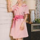 Embroidered Plaid Short-sleeve Dress With Sash