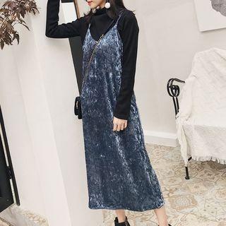 Spaghetti-strap Midi Velvet Dress Almond - One Size