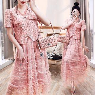 Set: Short-sleeve Frog-button Top + Ruffled Mesh Midi A-line Skirt