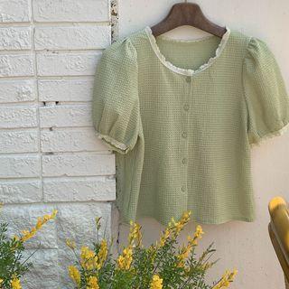 Lace-trim Waffle Blouse