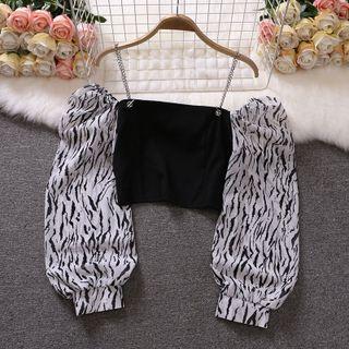 Cold-shoulder Zebra Print Panel Blouse