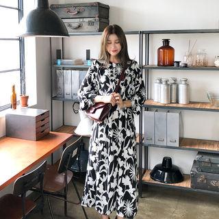 Half-placket Floral Print Dress Black - One Size