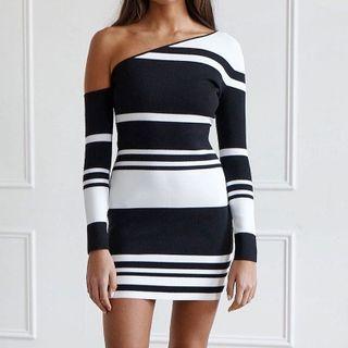 Paneled Striped Long Sleeve Bodycon Dress