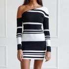 Paneled Striped Long Sleeve Bodycon Dress