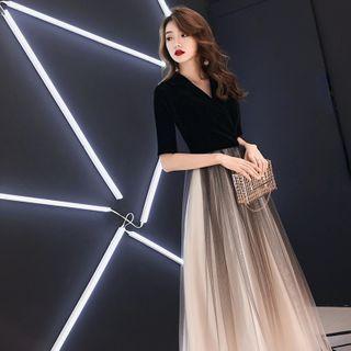 Elbow-sleeve V-neck Mesh A-line Evening Gown