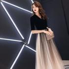 Elbow-sleeve V-neck Mesh A-line Evening Gown