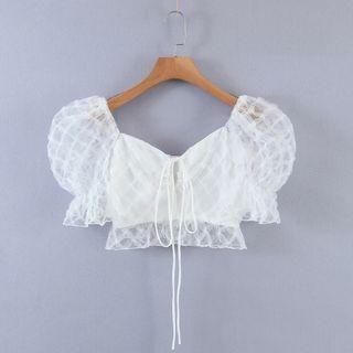 Puff-sleeve Tie-front Mesh Crop Top