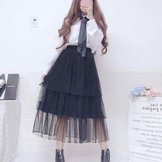 Tie-neck Shirt / Tiered Midi Mesh Skirt