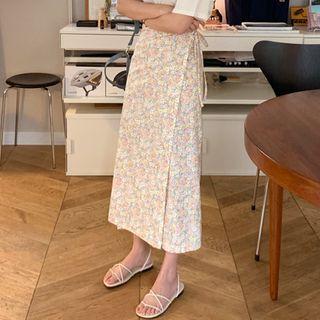 Tie-side Floral Long Wrap Skirt Pink - One Size
