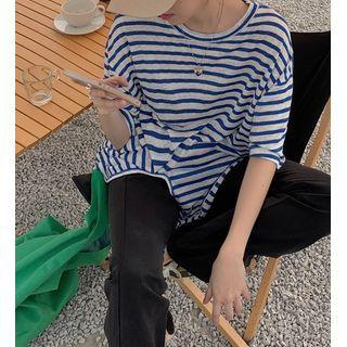 Elbow-sleeve Striped T-shirt / Boot-cut Pants