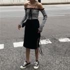 Long-sleeve Plain T-shirt / Midi Skirt