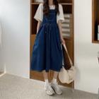 Elbow-sleeve T-shirt / Midi A-line Denim Overall Dress