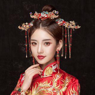 Wedding Set: Embellished Headpiece + Fringed Hair Stick + Fringed Earring Headpiece & Hair Stick & Earring - As Shown In Figure - One Size
