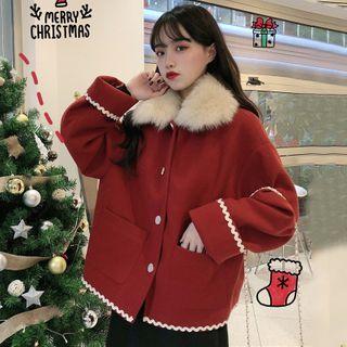 Faux Fur Collar Jacket Jacket - Faux Fur - Red - One Size