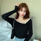 Long-sleeve Contrast Trim Knit Top Black - One Size