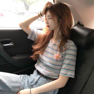 Short-sleeve Flower Pin Striped T-shirt As Shown In Figure - One Size