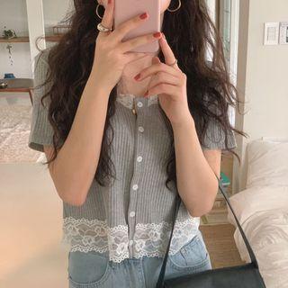 Short-sleeve Lace Trim Button-up T-shirt
