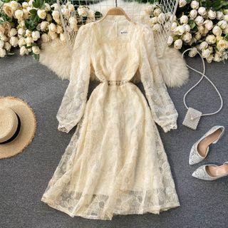 Long-sleeve Sequined Lace Midi A-line Dress