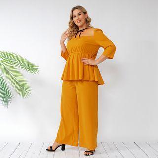 Plus Size Set: Long Sleeve Square Neck Peplum Blouse + Wide Leg Dress Pants