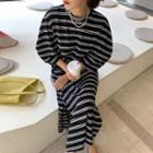 Elbow-sleeve Slit Striped Maxi Dress